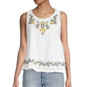 Max Studio Boho Cotton White Embroidered Tassel Tie Sleeveless Top Large